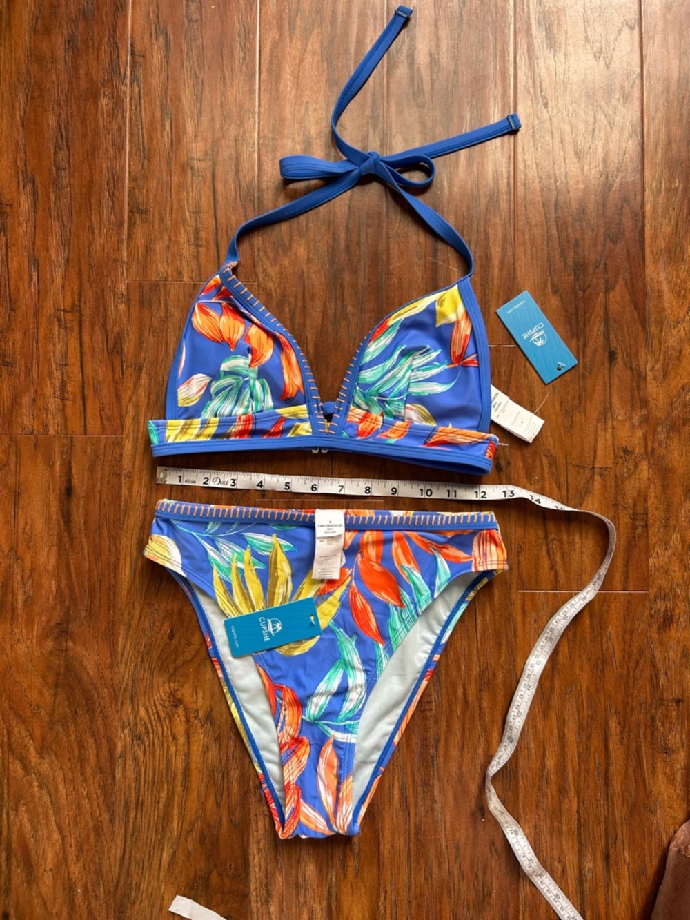 Cupshe Blue Tropical Triangle Bikini Set with Orange & Green Leaf Print - Picture 8 of 10